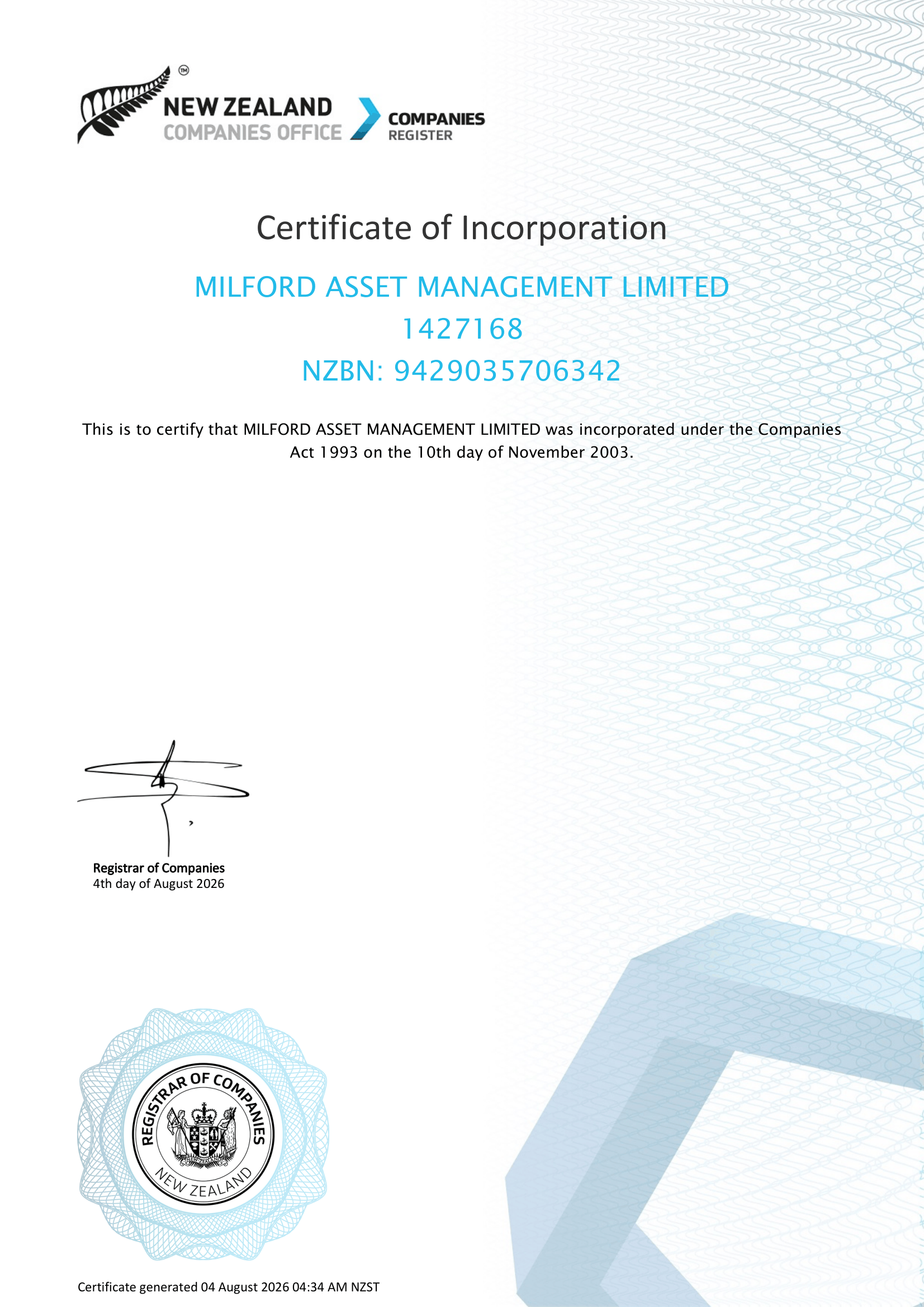 Milford Asset Management Certificate of Incorporation - New Zealand Companies Office